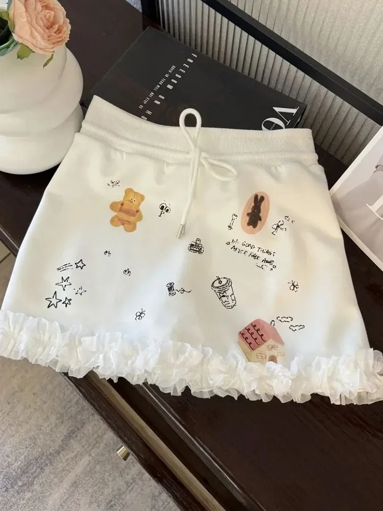 Cute Cartoon Sweet Skirt Women Vintage High Waist Ruffles Hand Painted Mini Skirts Japan Preppy Style Kawaii Female A Line Skirt