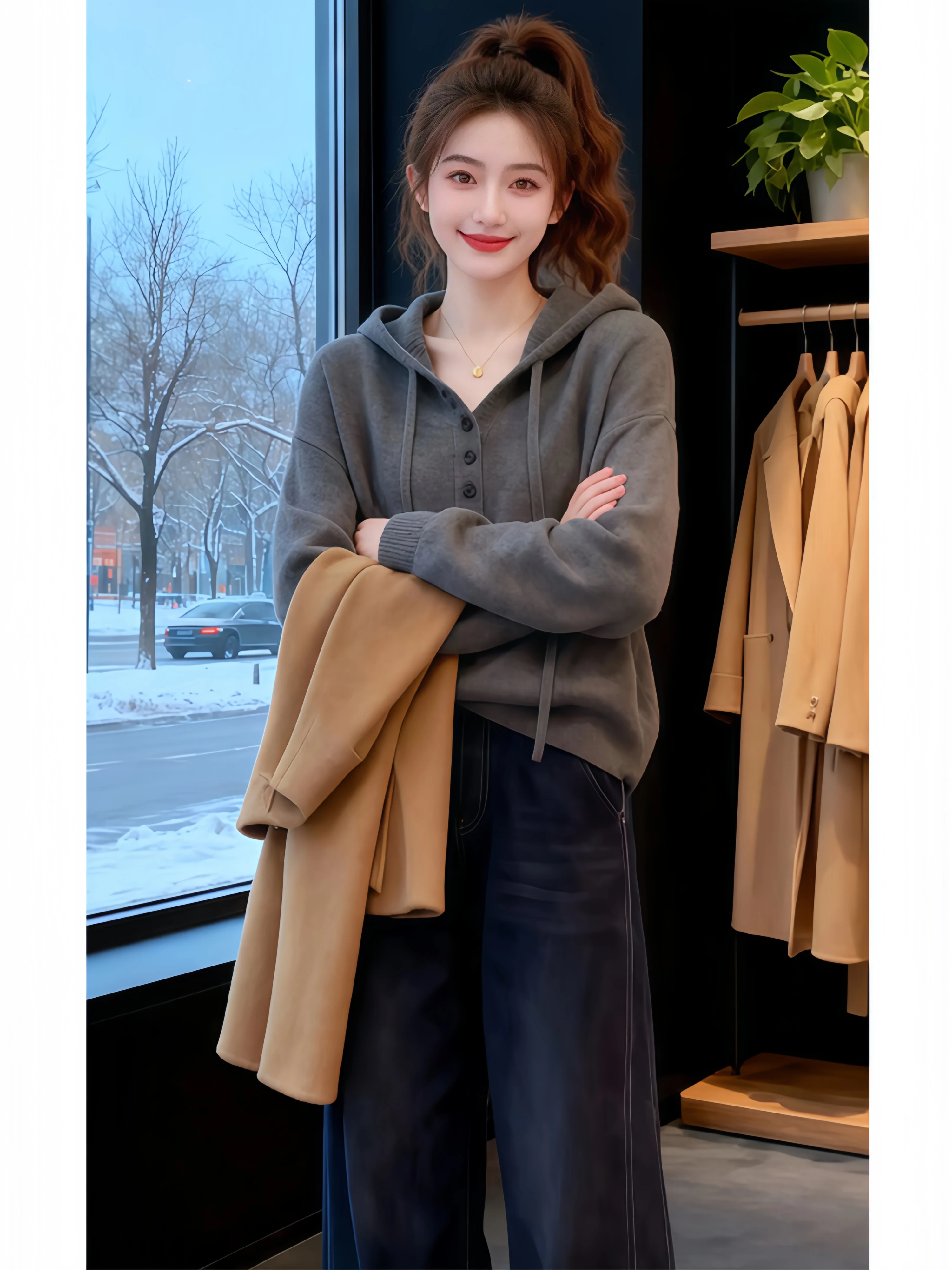 Gray Long Sleeve Hooded Knitwear Women's Commute Slimming Inner Wear Top Drawstring Casual Fit Medium Softness Daily Home Wear