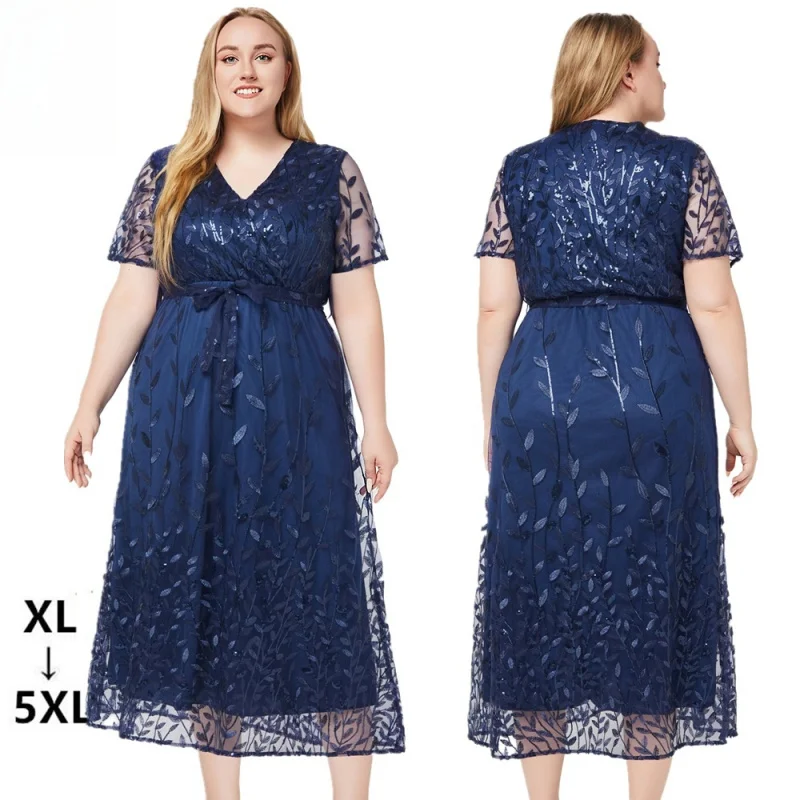 

2024 European and American plus Size Women's Clothes Summer New V Collar Short Sleeve Sequin Embroidery Bridesmaid Dress