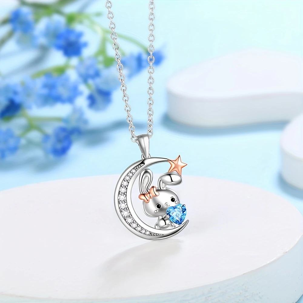 Creative Crescent Blue Crystal Rabbit Pendant Necklace for Women Cute Cartoon Animal Jewelry Fashion Party Birthday Love Gifts