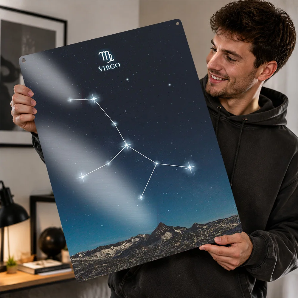Virgo Constellation Mountains Textured Metal Poster Celestial Wall Art For Bedroom Personalized Aluminum Sign Stargazer Gift