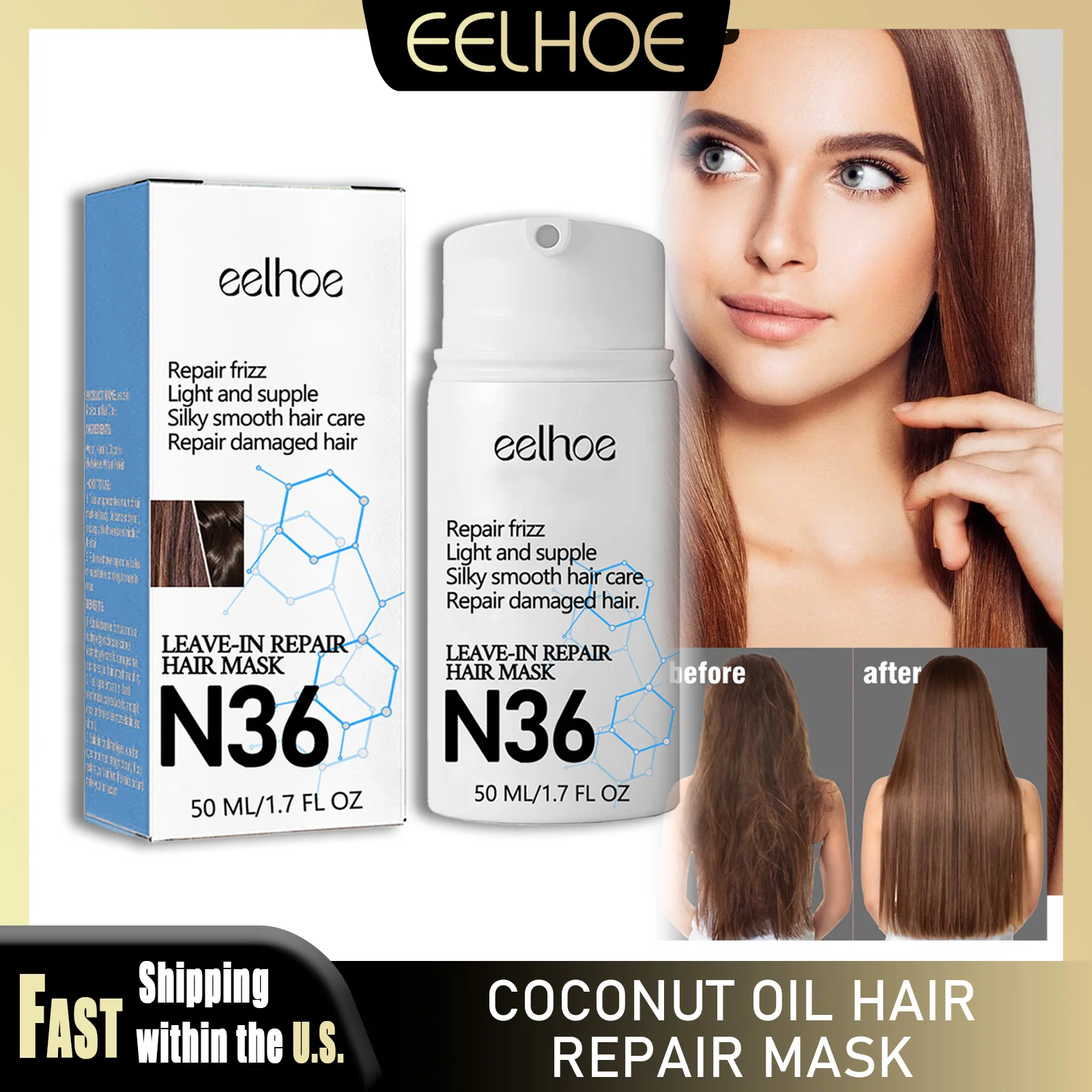 

EELHOE 50 мл маска для волос с кокосовым маслом, не требующая мытья, сильно увлажняющая, питательная, восстанавливающая, вьющиеся, поврежденные, гладкие, для всех типов волос