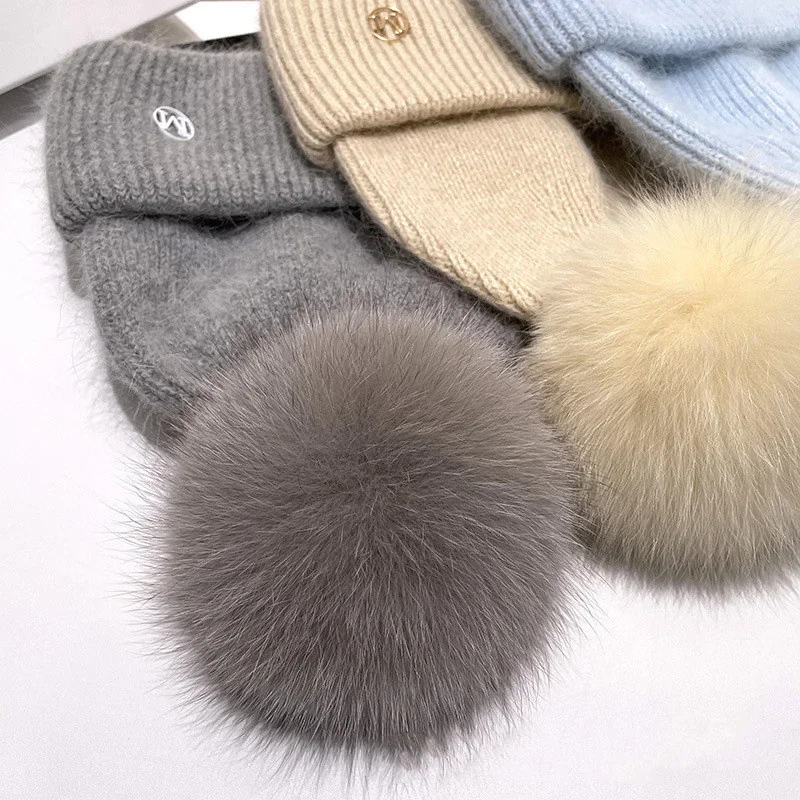 Real fox Fur Pom Poms Ball Skullies Beanies Keep Warm Winter Hat for Women Girls Wool Hat Outdoor Knitted Cap Thick Female Cap