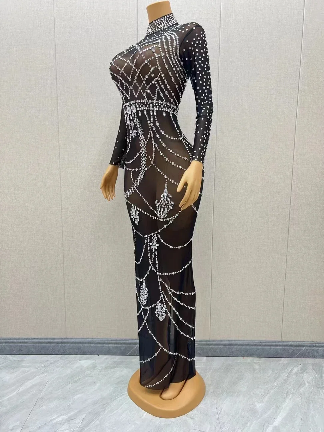 Women Long Dress Black Mesh Shiny Rhinestones Prom Party odycon Stretch Birthday Transparent Gown Singer Model Evening Costume