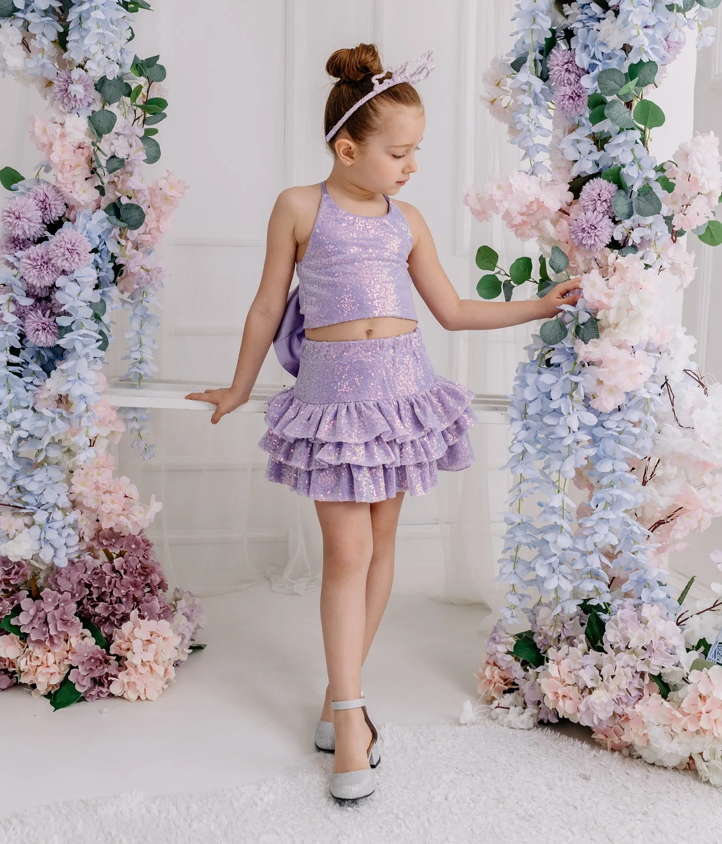 

Lilac Sequins Dance Dress for Kids Wedding Party Dress for Little Girls Two Pieces Flower Girls Dresses Halter Girl Pageant Dres