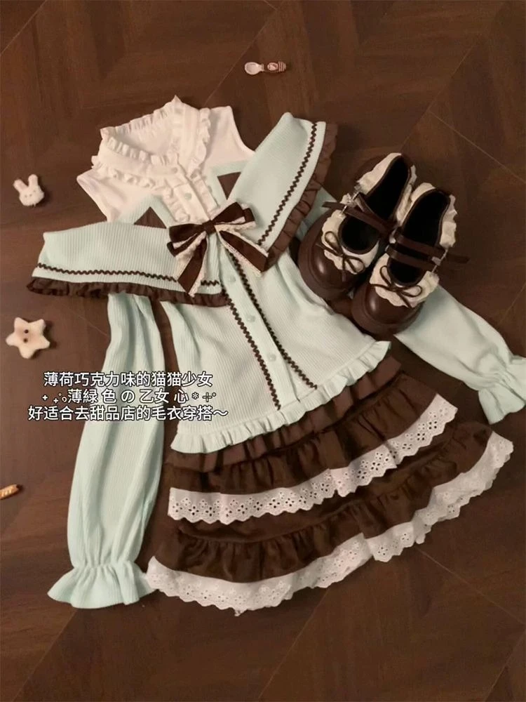 Ruffles Off Shoulder Panelled Patchwork Suit Pullovers Sweet Cake High Waist Slim Skirt Preppy Style Age Reduction Dress