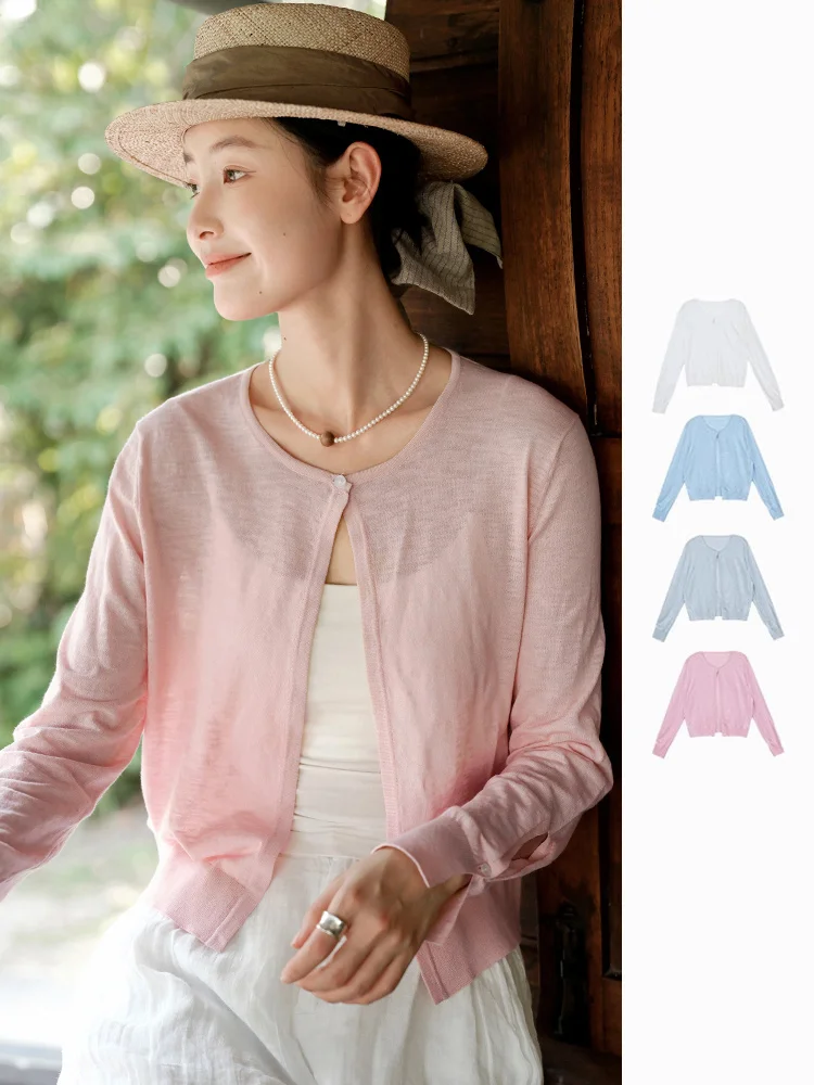 

Охлаждающий бамбуковый вязаный кардиган для женщин: льняной, хлопковый, с защитой от солнца, для кондиционированных помещений, весна-лето, повседневный, свободный крой, длинный рукав