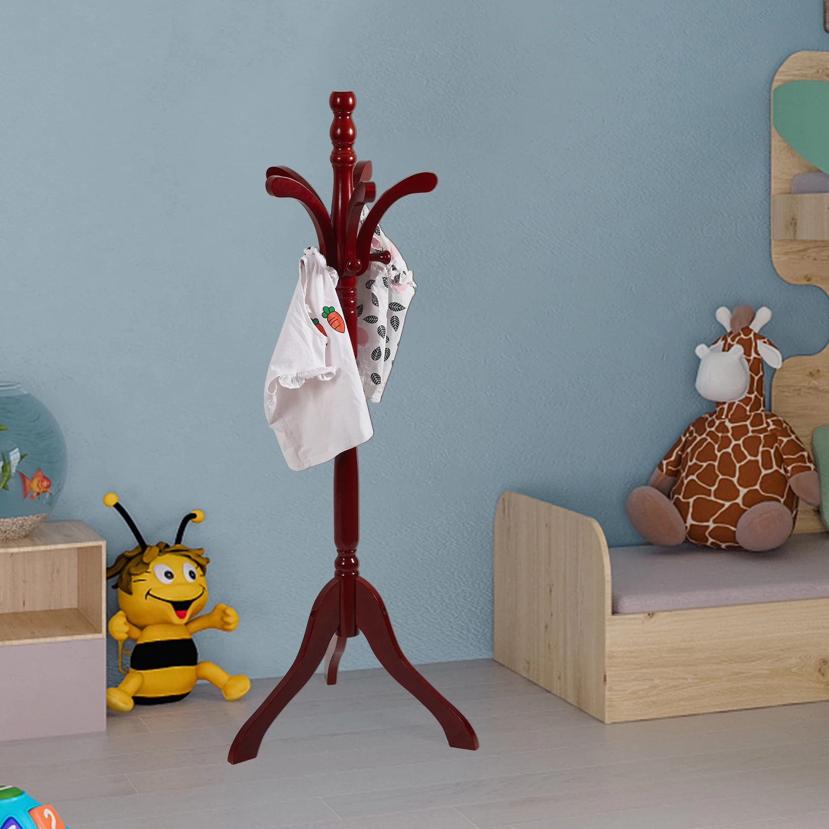 Wooden Coat Rack Stand Height Adjustable Hall Tree Entryway Clothes Rail image 2