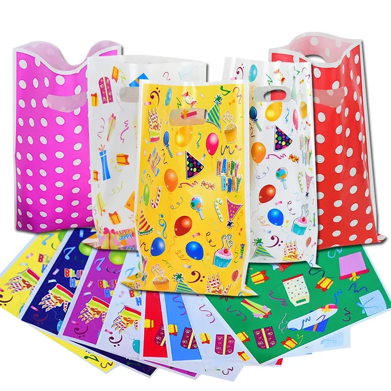 10/20pcs Printed Gift Bags Polka Dots Plastic Candy Bag Child Party Loot Bags Boy Girl Kids Birthday Party Favors Supplies Decor