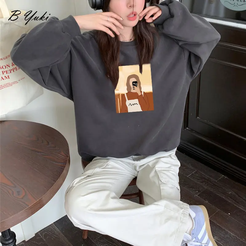 Blessyuki Autumn Abstract Graphic Printed Pullover Women Warm Loose Streetwear Hoodies Female Soft Cotton Long Sleeve Sweatshirt