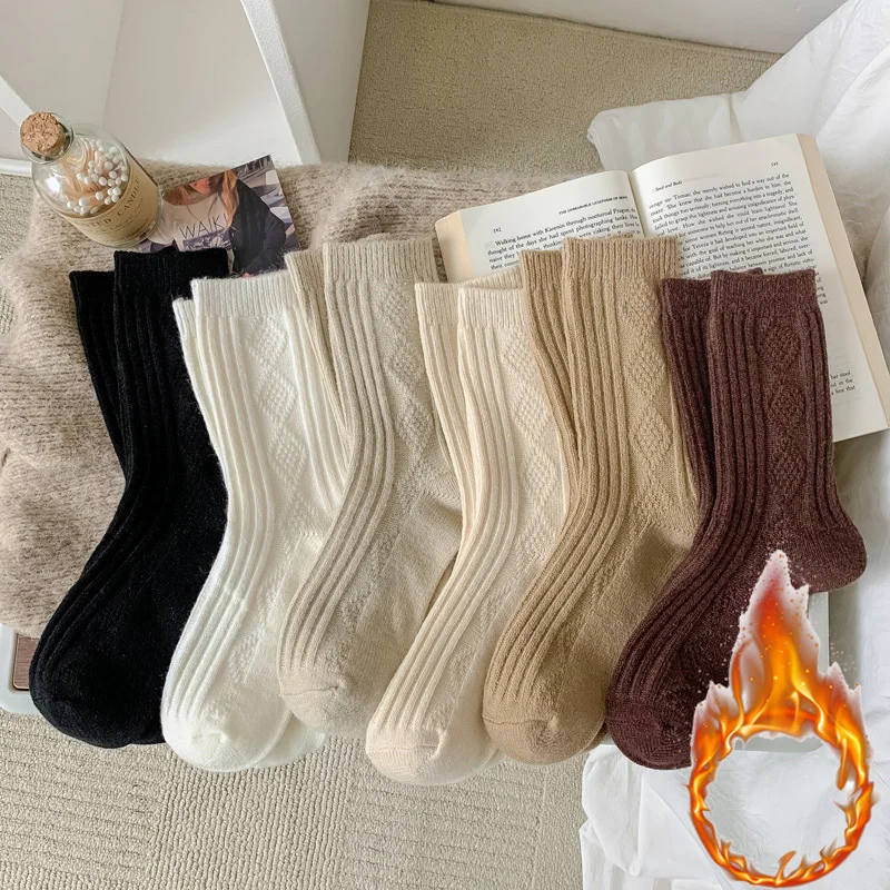 2 paires de chaussettes d'hiver pour femmes, velours chaud, laine de cachemire, carreaux de diamant, épais, solide, noir, blanc, longueur mi-mollet, coréen, japon