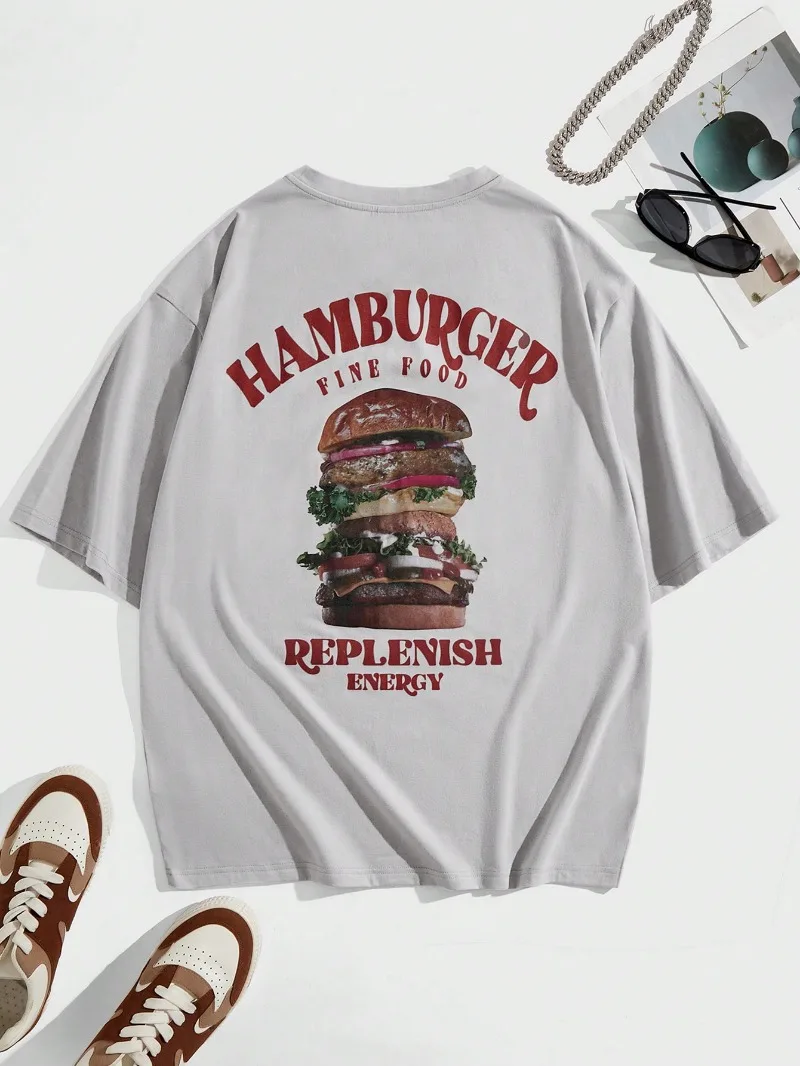 Men\'s T-shirt Hamburger & Letters Graphic Double-sided Printed Summer Round Neck Short Sleeve Trend for Men and Women