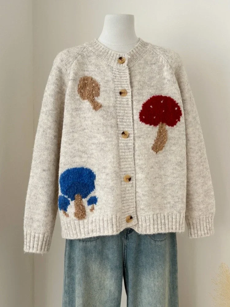 

Thick Warm Loose Sweater Autumn Winter 2025 Korean Cute Mushroom Cartoon Knitted Cardigan Women O-Neck Long Sleeve Coat