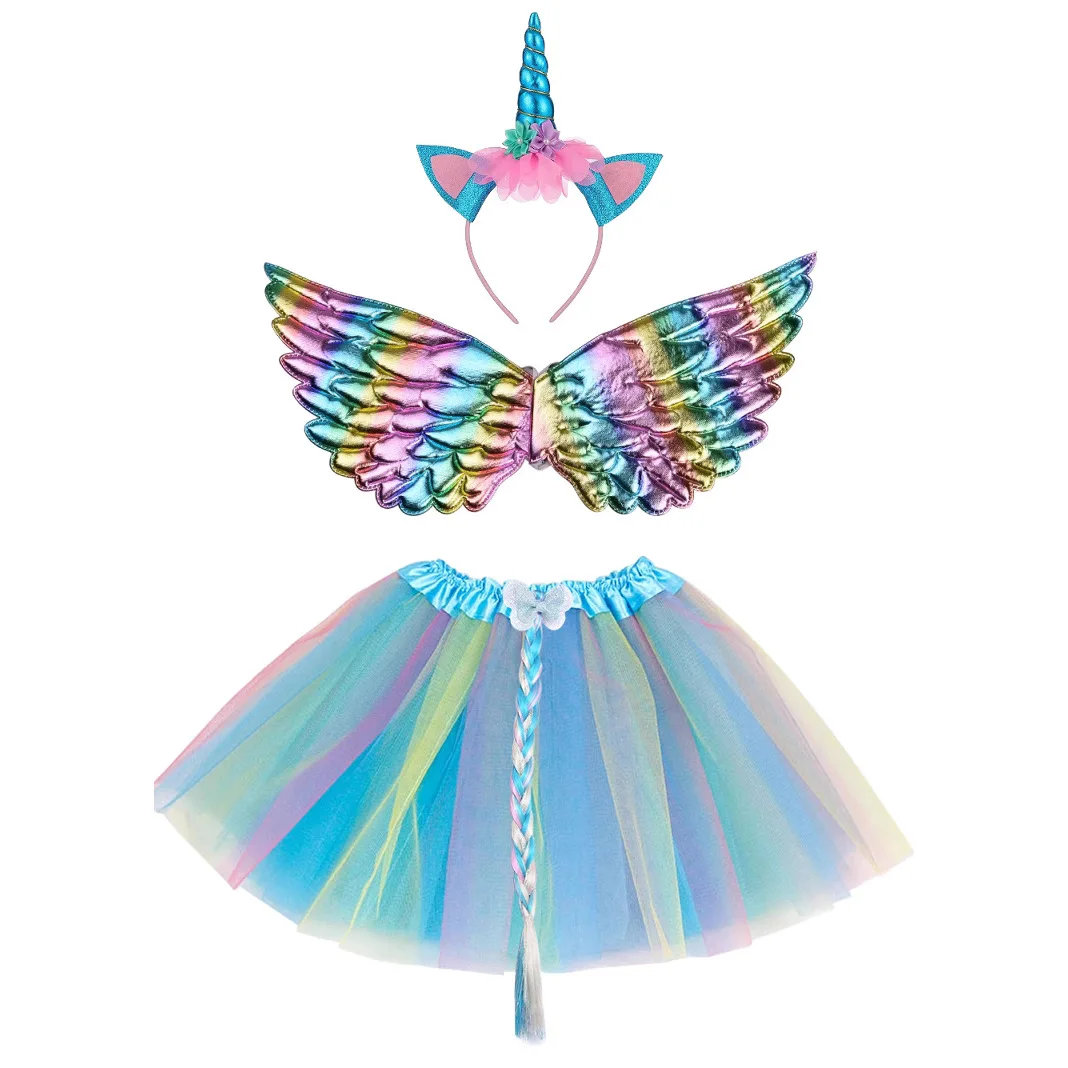 Girls Mini Skirt with Wings Braid Unicorn Tutu Skirt Outfit for Kids Birthday Party Tulle Skirt Set Christmas Halloween Costumes