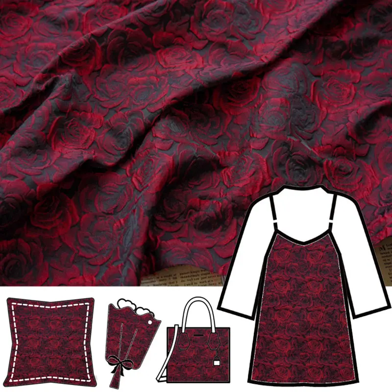 

100x155cm 3D Rose Embossed DIY Sewing Black Dark Red Jacquard Yarn Dyed Vintage Floral Fabric Women's Dress Suit Bag Clothing