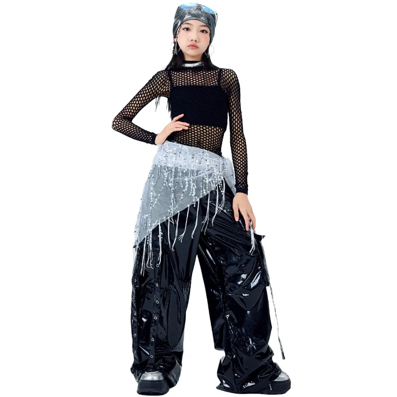 

Kids Girls Jazz Dance Costume Black Net Tops Leather Pants Kids Hip Hop Performance Clothes Kpop Modern Dance Stage Wear Pants