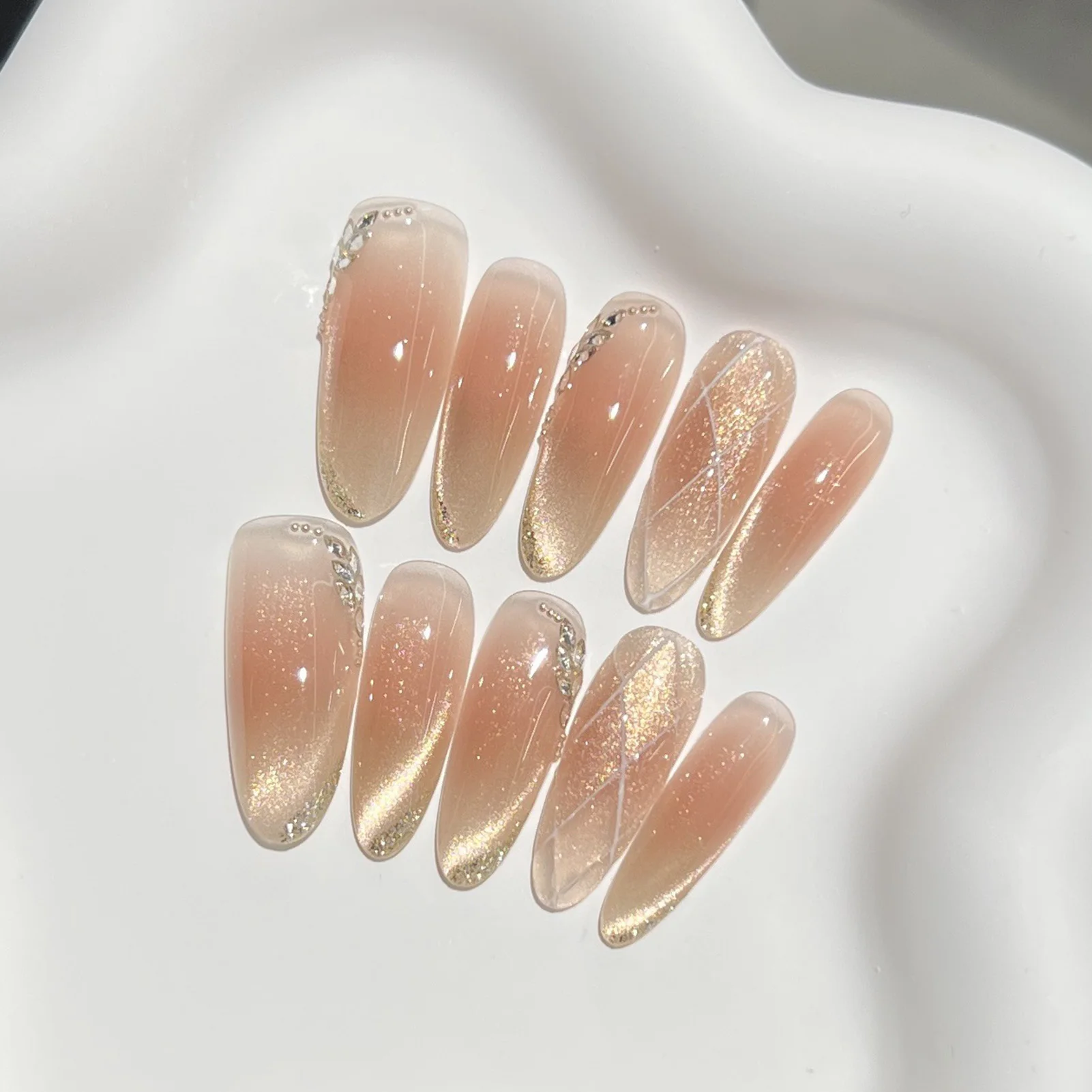 10pcs Long Oval Glitter Cat Eye Press On Nails Almond Shape Fake Nails with Gold Sand Checkerboard Design for Party Wedding Date