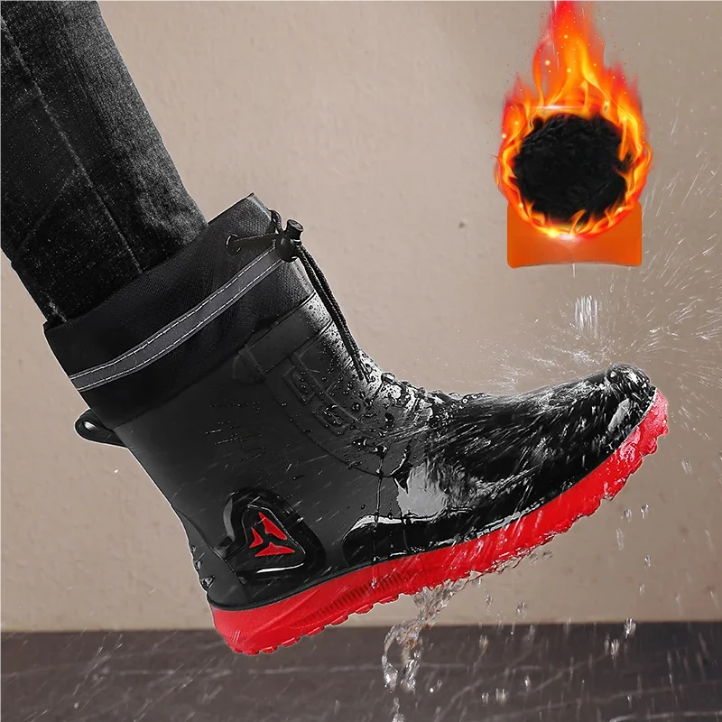 Men's hight top casual cotton rain boots winter new light waterproof anti-slip outdoor wading water shoes warm plush rain shoes