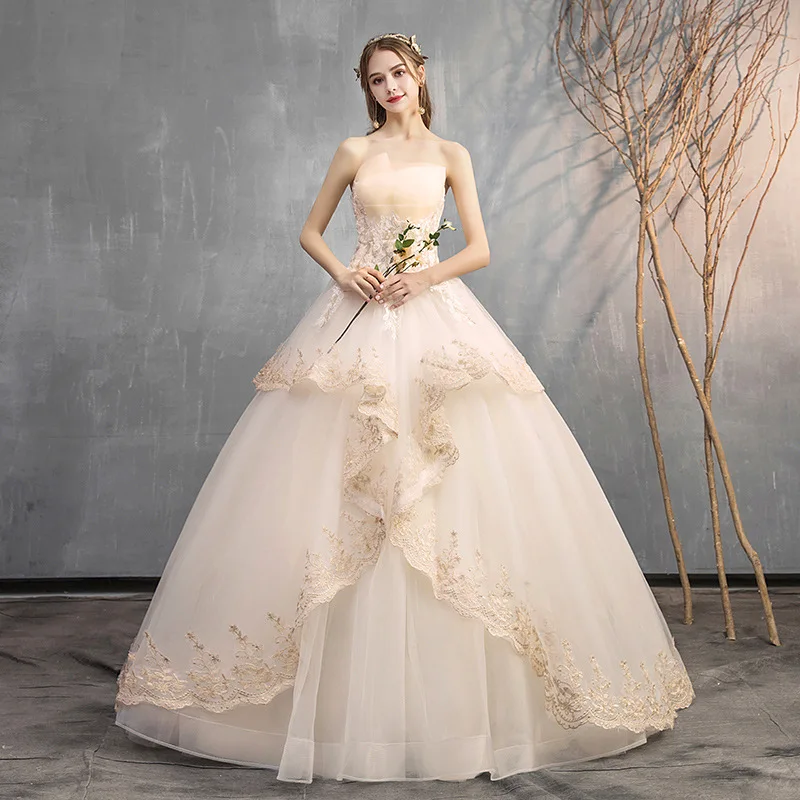 Champagne Strapless Temperamental Wedding Dress Classic Royal Luxury Vestidos Novias Boda Organza Wedding Dresses