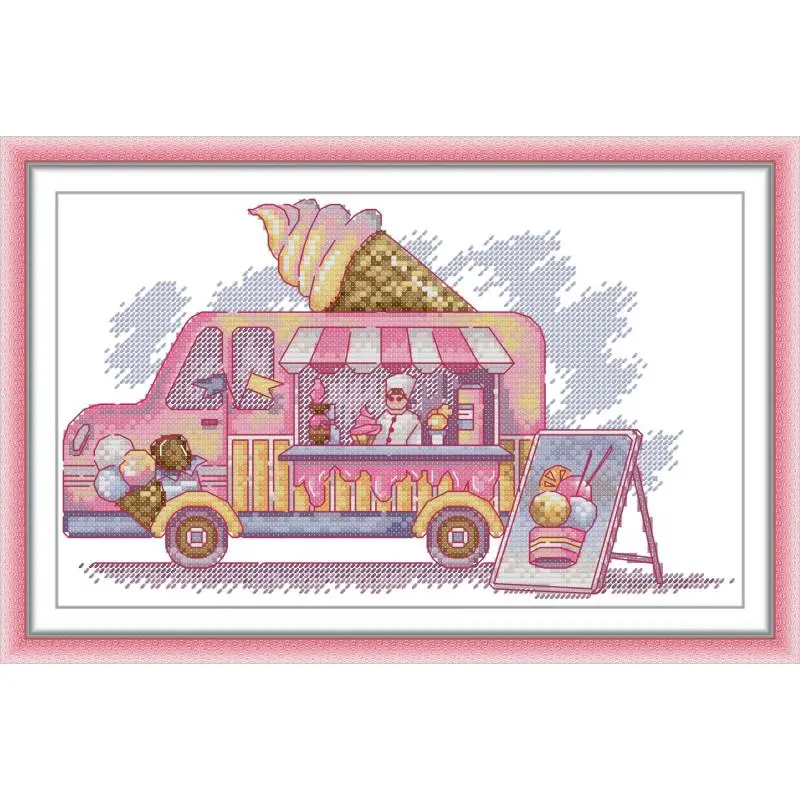 

Maydear Full Cross Stitch Kit, 11CT/14CT/16CT/9CT Aida Fabric,DMC Threads Sewing Pattern Embroidery Set-Ice Cream Truck