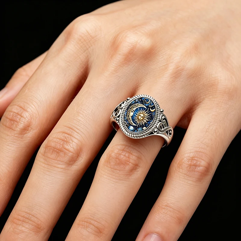Vintage Sternenhimmel-Sonnen-Paar-Ringe im Boho-Stil, Stilvoller Hypoallergener Schmuck für Männer, Valentinstagsgeschenke – Detail 2