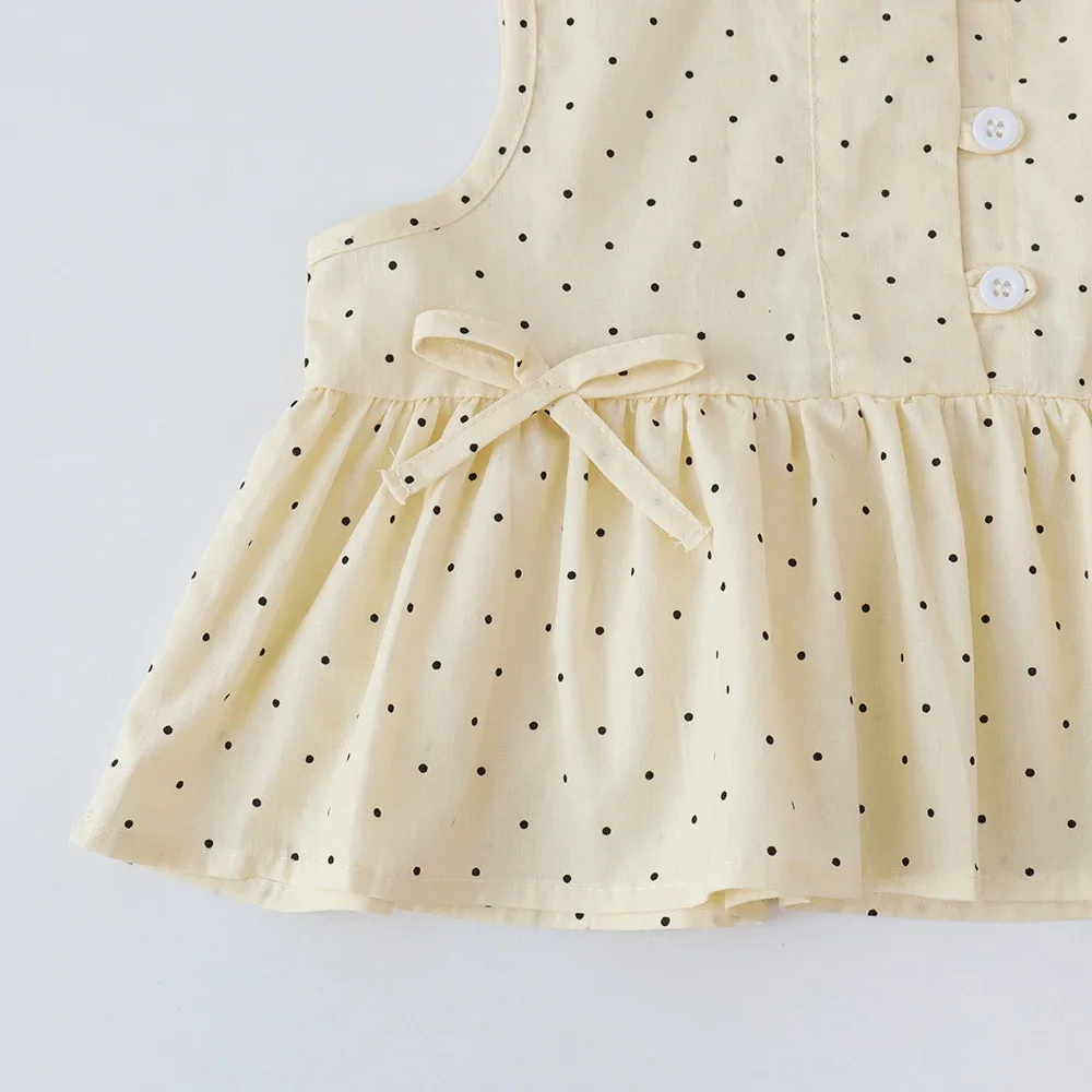 Bear Leader Baby Girl\'s Casual Clothing Round Neck Sleeveless Polka Dot Top+Wide Leg Pants Set with Bow and Botton 2PCS Set