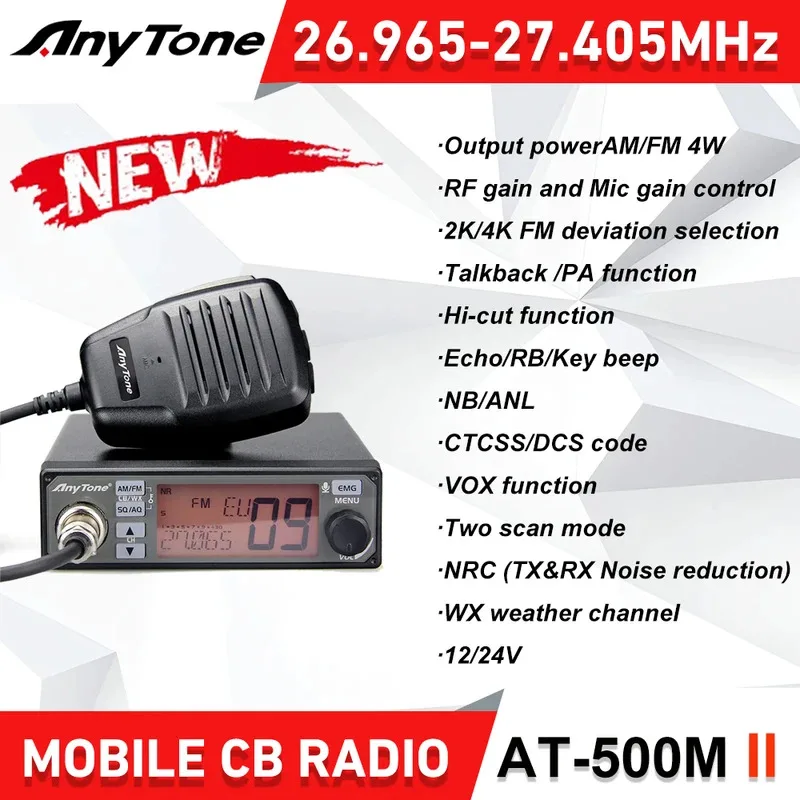 

2024 New Anytone AT-500M II Mobile CB Radio 5W 26.965-27.405MHz AM/FM Radio VOX/NRC/CTCSS/DCS Car Radio
