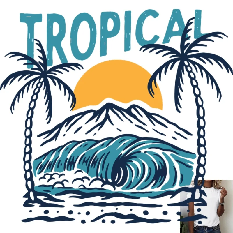Tropical Coconut Tree Wave Sun Heat Transfer White Ink Iron - on Patch, Suitable for T - shirts & Canvas Bags, Versatile Summer