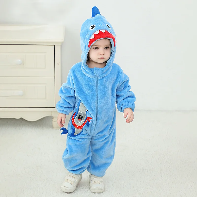 Kigurumis Shark Winter Baby Clothes Romper Boys Girls Lovely Infant Baby Onesie Bodysuit Cartoon Newborn Zipper Hooded Flannel