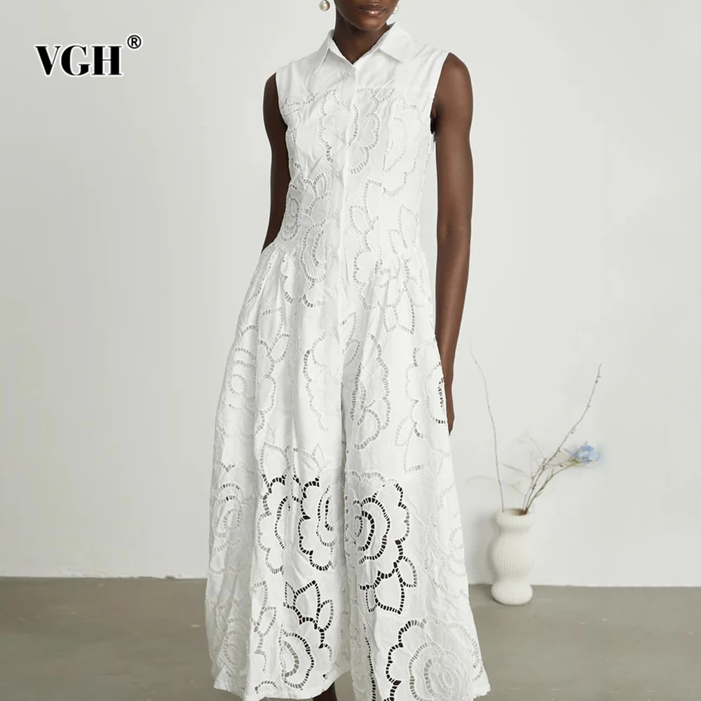 

VGH Elegant Solid Hollow Out A Line Long Dresses For Women Lapel Sleeveless High Waist Temperament Chic Dress Female Fashion New