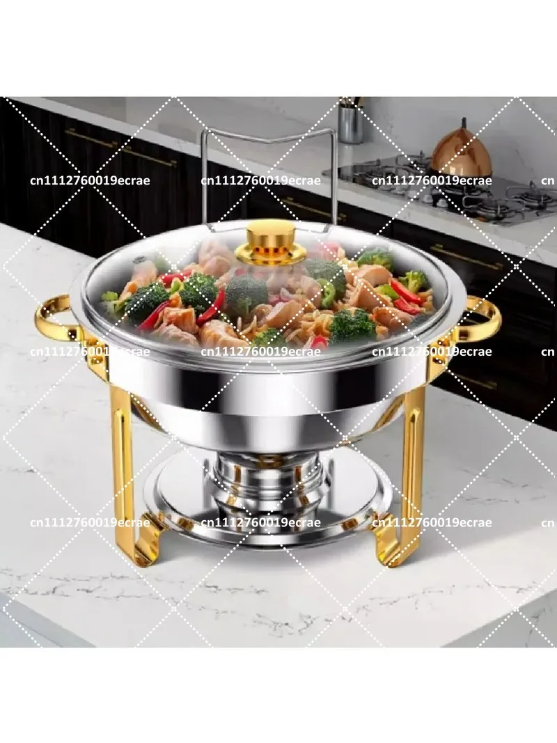Stainless Steel Round Hot Pot Set with Glass Lid and Cover Rack, 5QT/4.5L Buffet Food Heater Tray