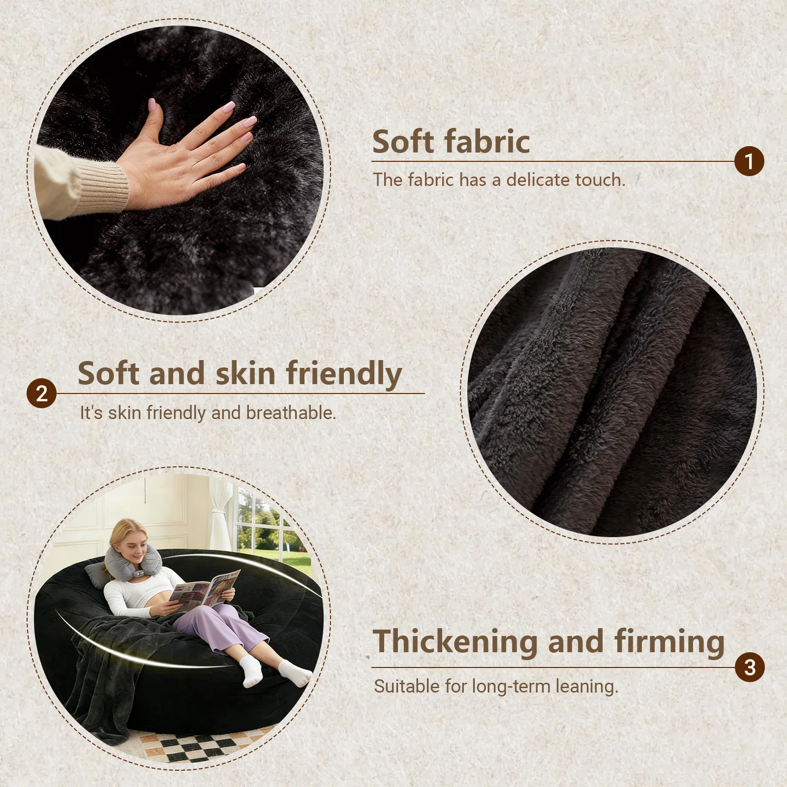 100CM×100CM×60CM, adult beanbag chair with padded beanbag inside, memory foam chair, soft flannel washable cover, ideal reading seat for bedrooms and dorms. image 5