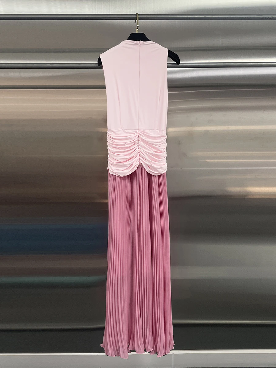 CHICEVER Pink Spliced Folds Chic Dress Female Turtleneck Sleeveless Loose Gentle Intellectual Women's Dresses Summer Fashion New