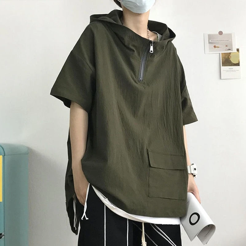 

Unisex Summer Ice-Silk Hooded T-Shirt w/ Half-Zip - Japanese Style Breezy Streetwear Top Olive/Black for Casual Outings