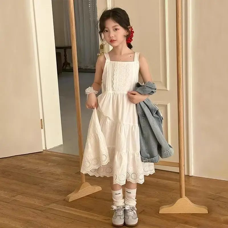 

Girls Dress 2026 Summer New Children's Clothing Korean Style Girl Baby Fashion Pure Color Lace Halter Skirt Casual Simple Daily