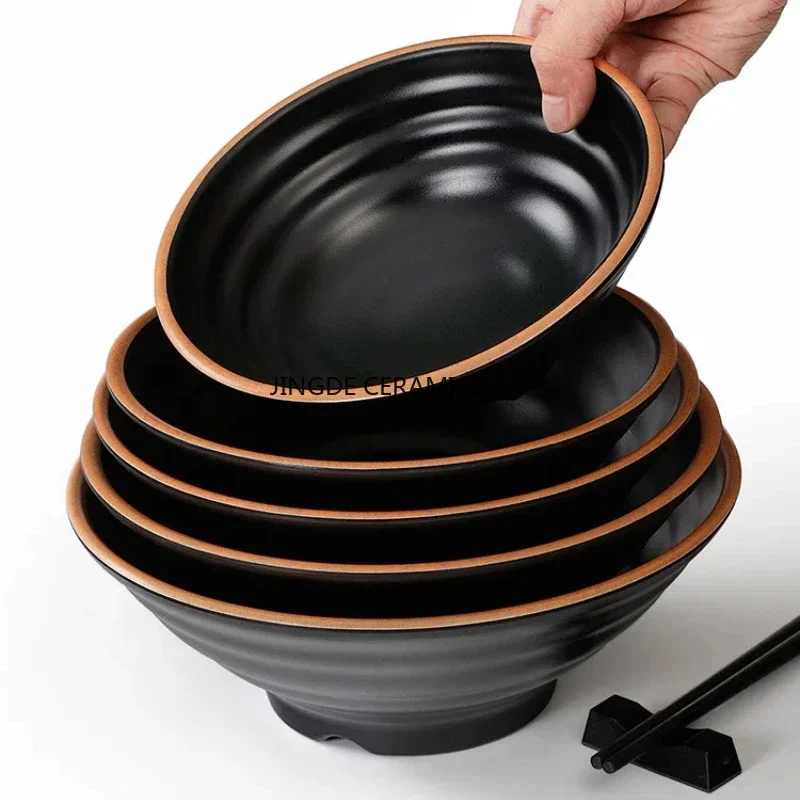 Cuenco de vajilla de melamina, porcelana de imitación negra, sombrero de plástico, sopa en polvo, tazón de sopa de fideos de arroz, vajilla y utensilios de cocina