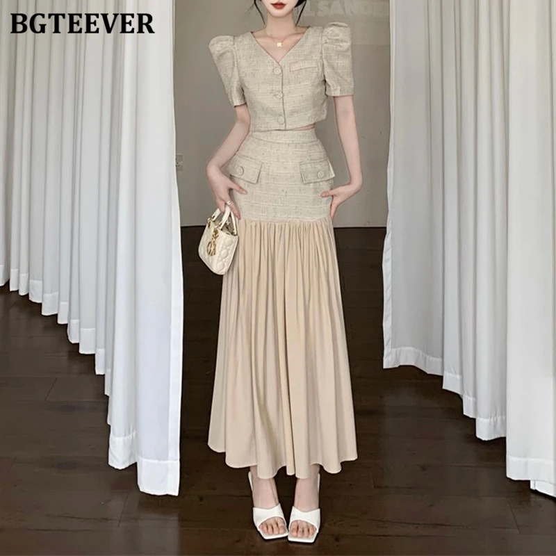 BGTEEVER Elegant Slim Ladies 2 Pieces Set Puff Sleeve V-neck Single-breasted Tops & High Waist Patchwork Midi Skirts OL Set