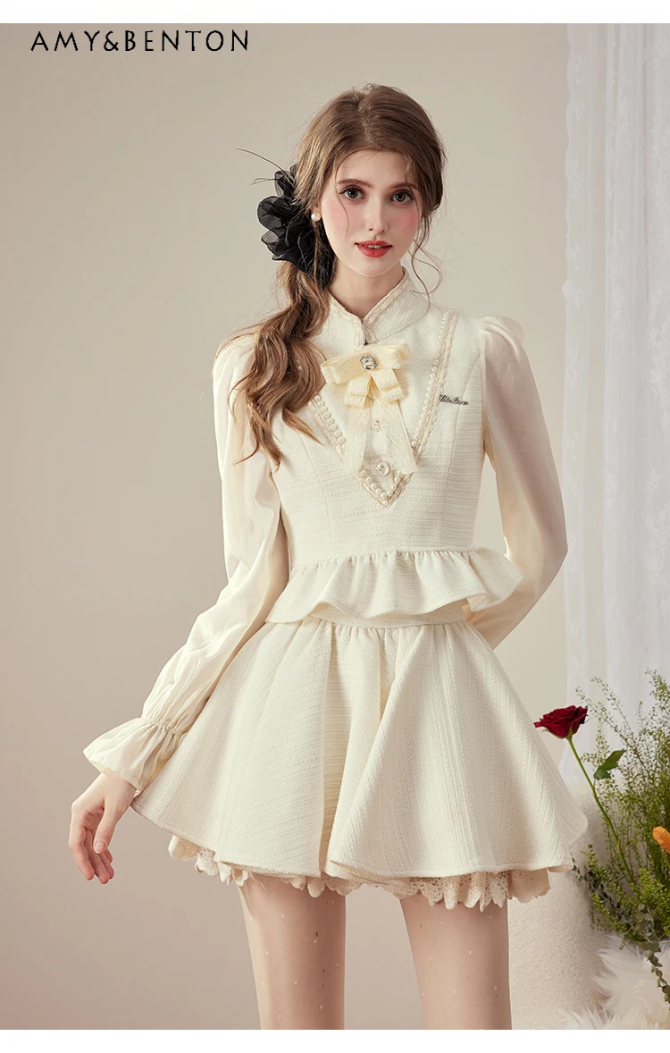 

Spring and Autumn New Hot Sale Retro Palace Style Bow Stand Collar Long Sleeve Waist-Cinching Top High Waist White Short Skirt