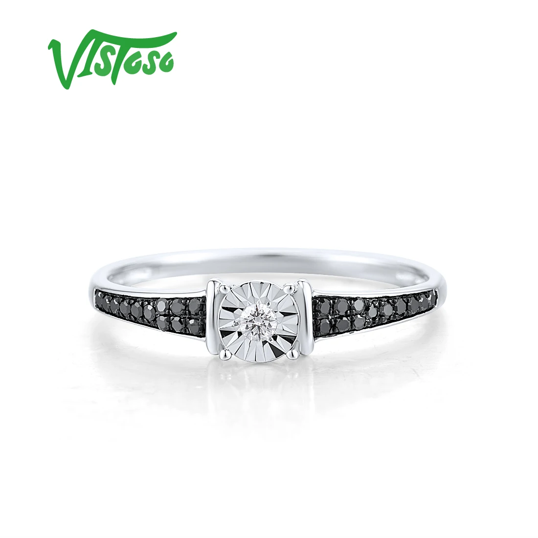 VISTOSO Authentic 14K 585 White Gold Rings For Women White Black Diamond Dainty Wedding Anniversary Party Gifts Fine Jewelry