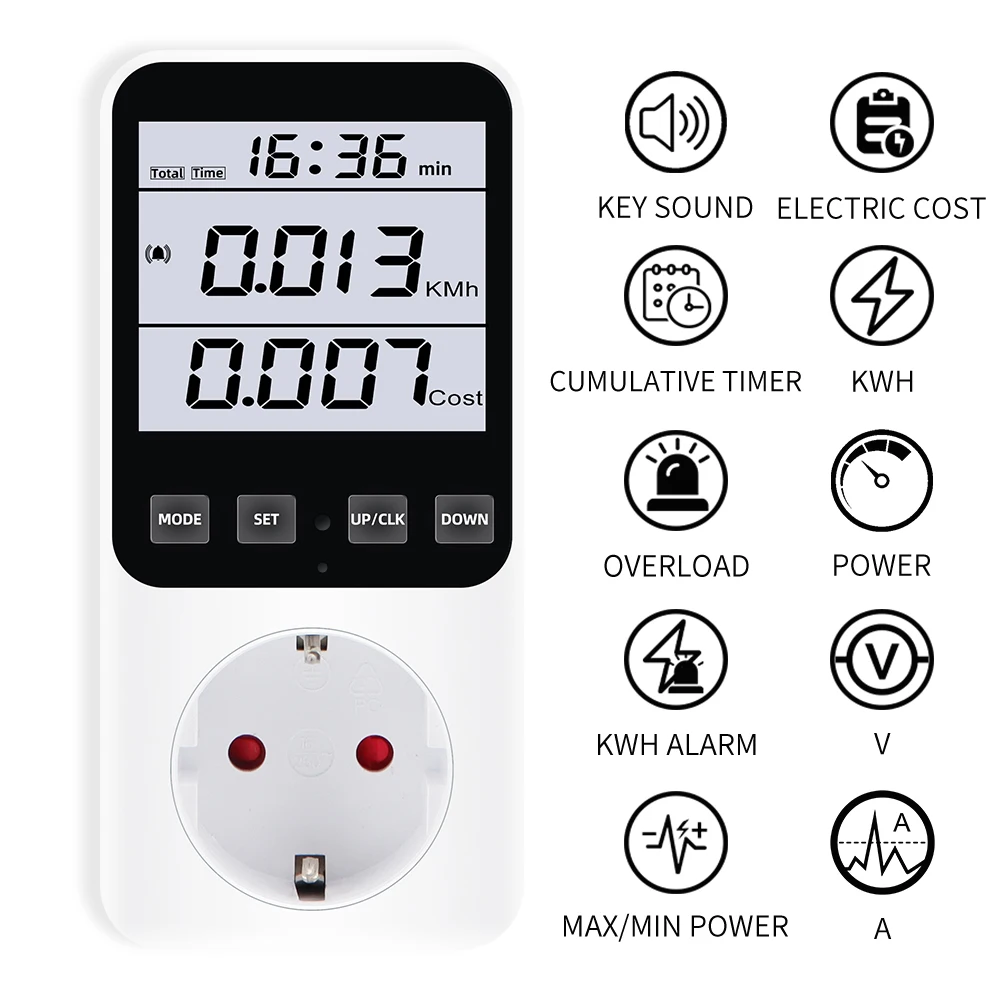 Digital LCD Wattmeter AC 220V Power Meter Socket EU Plug Energy Consumption Analyzer Voltmeter Ammeter Electricity Cost Monitor