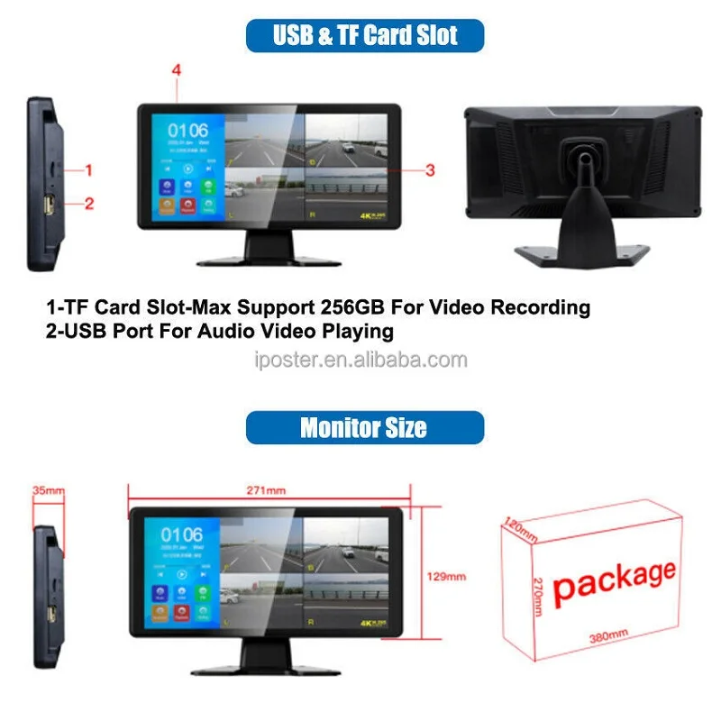 10.36inch Quad Split Touch Screen with 4 AHD Front Rear Sides View Camera DVR Recording Backup Camera 4K Dash Cam