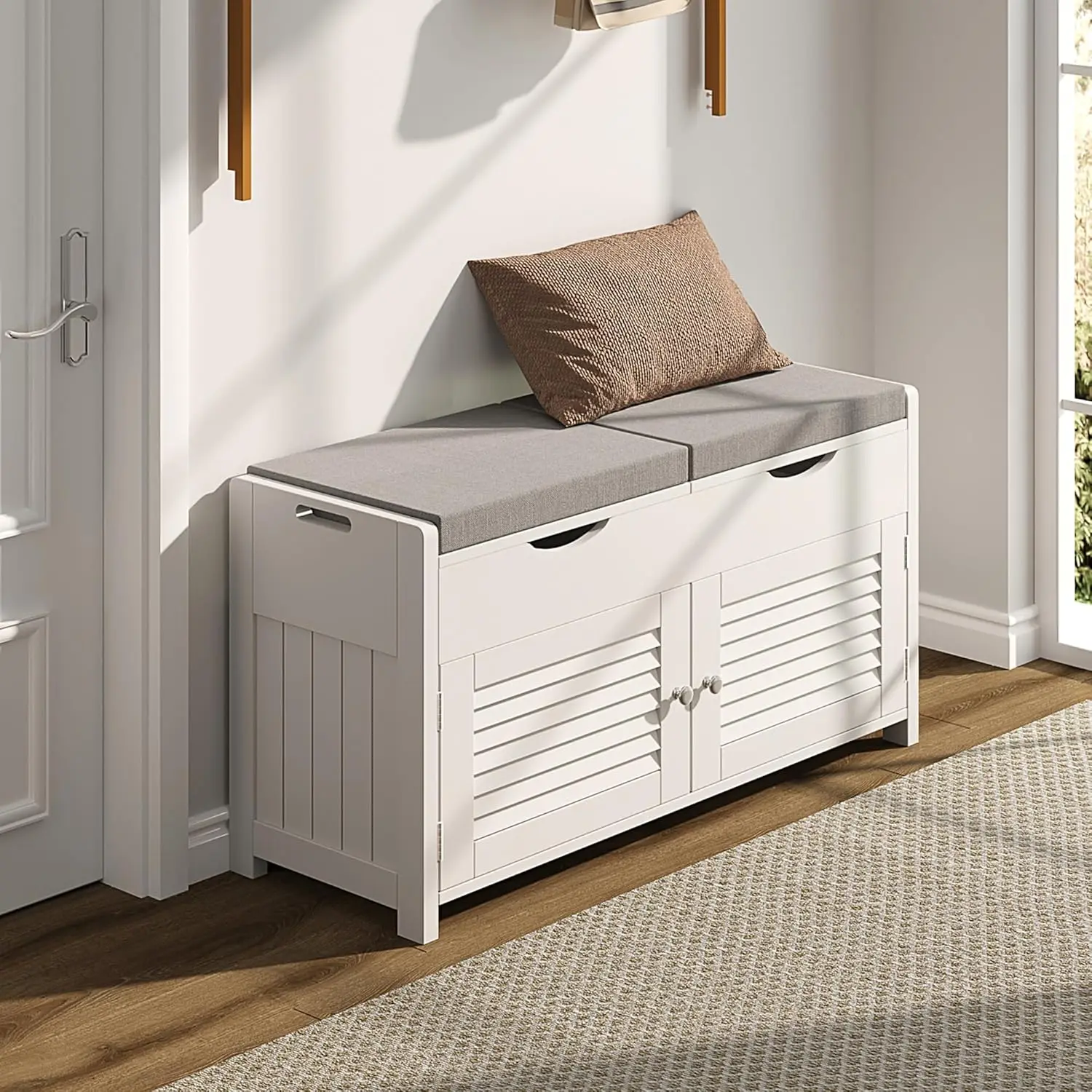 

ChooChoo Shoe Storage Bench with Lift Top Storage, Entryway Bench with 2 Cushioned Seats, 3 Compartments, Adjustable Shelf, Shoe