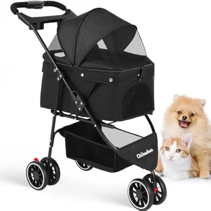 Pet Stroller,Dog Stroller for Small Medium Dogs Cats,3 Wheels,Black | Foldable,with Breathable Mesh Canopy,Cup Holders,Easy Asse
