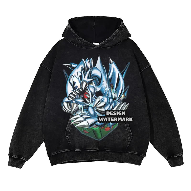 Yu Gi Oh sudaderas con capucha ojos azules estampado de dragón Vintage lavado sudaderas con capucha jersey de gran tamaño Manga Anime Sudadera con capucha hombres algodón