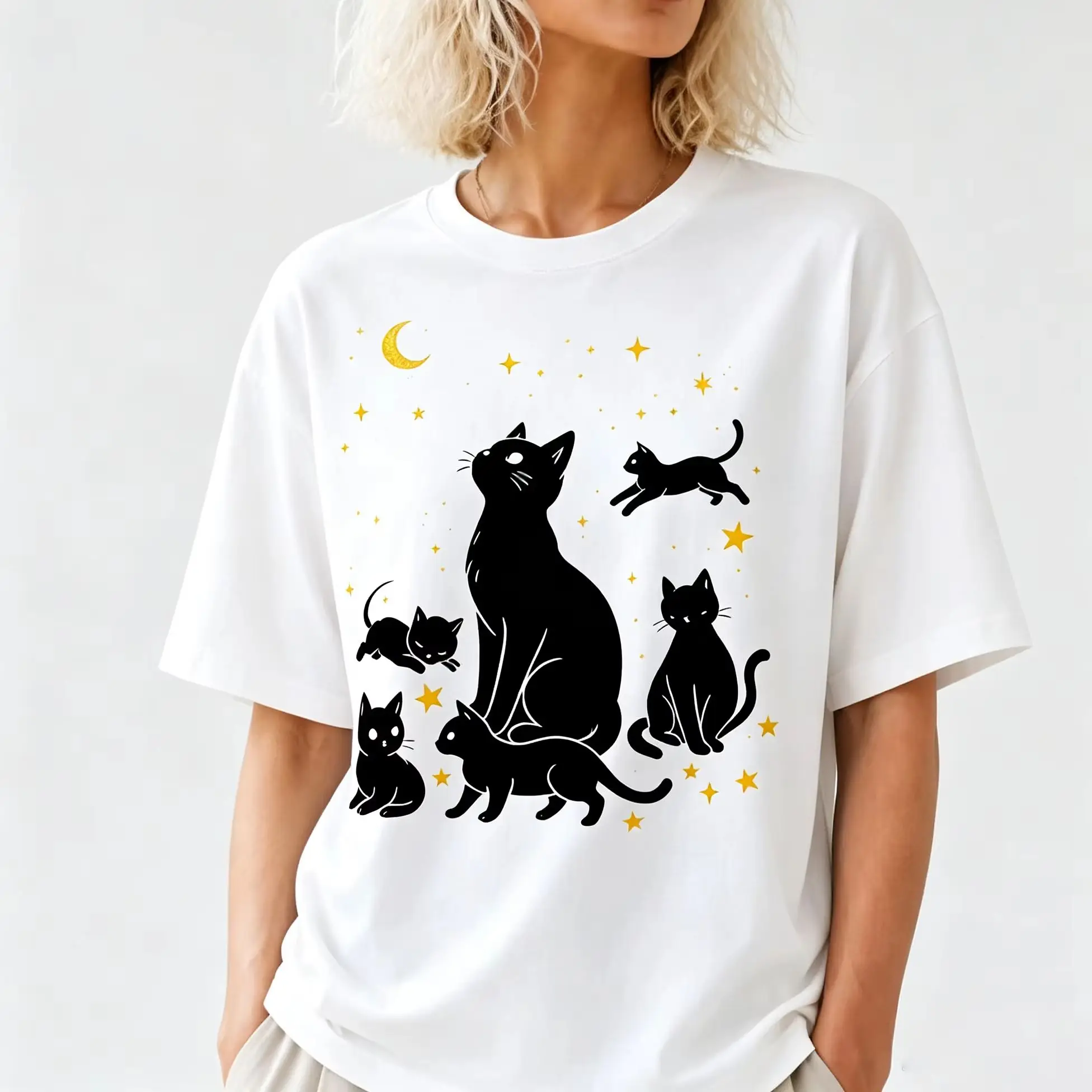 Moon And Stars Black Cat Family Graphic T Shirt Celestial Night Kitten Minimal Art Print Short Sleeve Tee
