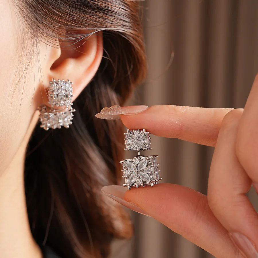 

Shiny Cubic Square Full Zircon Stud Earrings for Women Dual-style Zircon Crystal Hollow-out Ear Studs Girls Jewelry Gifts