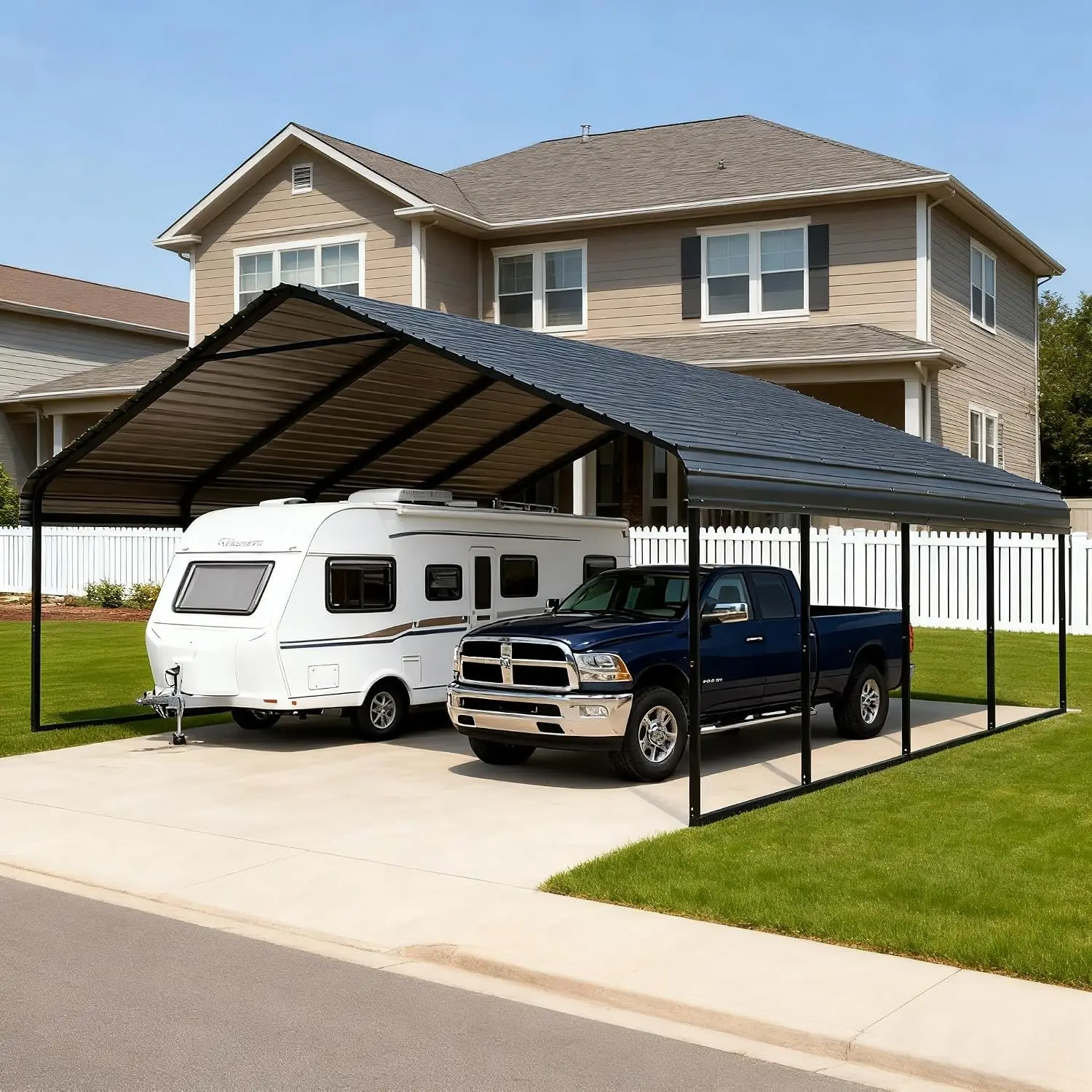 20x20FT Vertical Roof Metal Carport, Outdoor Vehicle Shelter, Heavy Duty Steel Frame, Car Truck Boat Storage, Customized