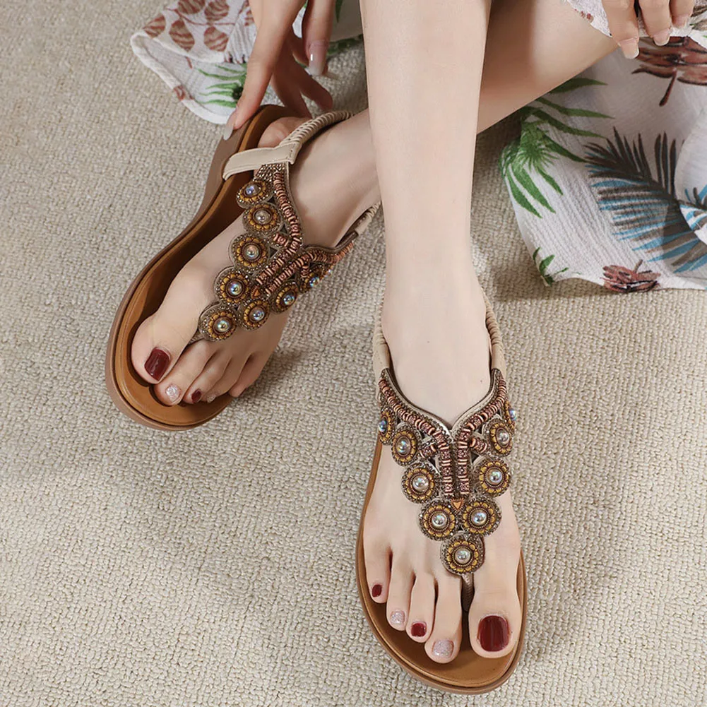 Ethnic Style Color Beaded Flip-Flops Sandals Comfortable Breathable Shoes For Shopping Dating Women's Heel Rubber Band Shoes