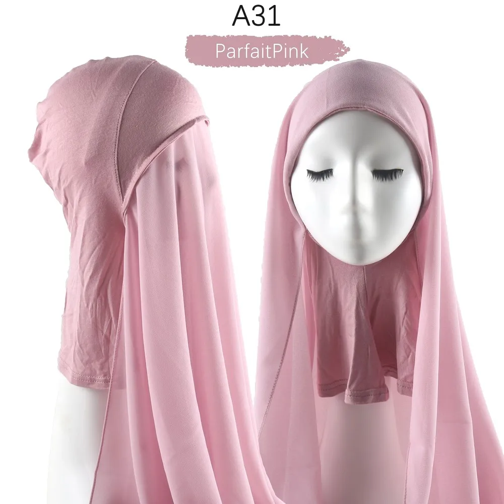 Muslim Chiffon Hijab with Cap Attached Neck Cover Turban Underscarf Women Islamic Head Scarf Turbans With Inner Hats Headwrap