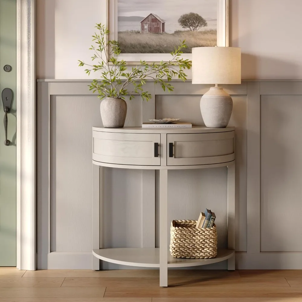 Farmhouse Half Moon Console - Small Entrance Table with Storage Space in Narrow Space - Door and Black Knob